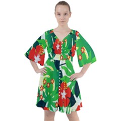 Tropical Leaf Flower Digital Boho Button Up Dress