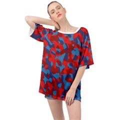 Red And Blue Camouflage Pattern Oversized Chiffon Top by SpinnyChairDesigns