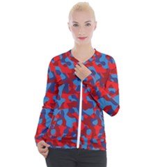 Red And Blue Camouflage Pattern Casual Zip Up Jacket by SpinnyChairDesigns