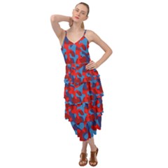 Red And Blue Camouflage Pattern Layered Bottom Dress by SpinnyChairDesigns