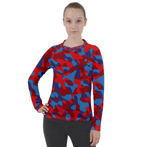 Red And Blue Camouflage Pattern Women s Pique Long Sleeve Tee by SpinnyChairDesigns