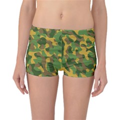 Yellow Green Brown Camouflage Boyleg Bikini Bottoms by SpinnyChairDesigns