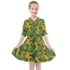 Yellow Green Brown Camouflage Kids  All Frills Chiffon Dress by SpinnyChairDesigns