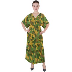 Yellow Green Brown Camouflage V-neck Boho Style Maxi Dress by SpinnyChairDesigns