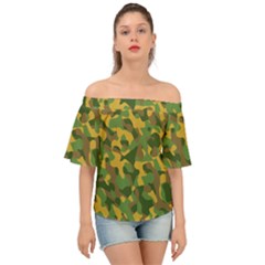 Yellow Green Brown Camouflage Off Shoulder Short Sleeve Top by SpinnyChairDesigns