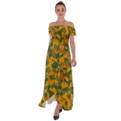 Green And Orange Camouflage Pattern Off Shoulder Open Front Chiffon Dress by SpinnyChairDesigns