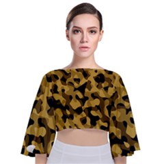 Black Yellow Brown Camouflage Pattern Tie Back Butterfly Sleeve Chiffon Top by SpinnyChairDesigns