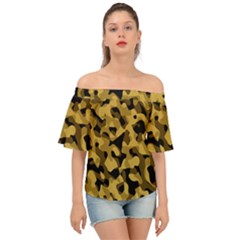 Black Yellow Brown Camouflage Pattern Off Shoulder Short Sleeve Top by SpinnyChairDesigns
