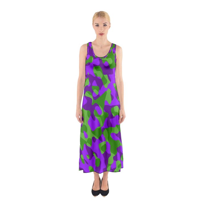 Purple and Green Camouflage Sleeveless Maxi Dress