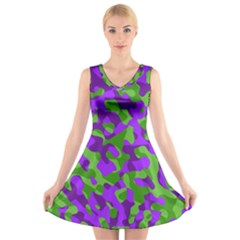 Purple And Green Camouflage V-neck Sleeveless Dress by SpinnyChairDesigns