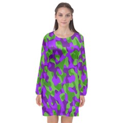 Purple And Green Camouflage Long Sleeve Chiffon Shift Dress  by SpinnyChairDesigns