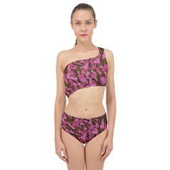 Pink And Brown Camouflage Spliced Up Two Piece Swimsuit by SpinnyChairDesigns