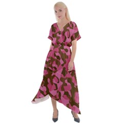 Pink And Brown Camouflage Cross Front Sharkbite Hem Maxi Dress by SpinnyChairDesigns