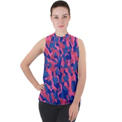 Blue And Pink Camouflage Pattern Mock Neck Chiffon Sleeveless Top by SpinnyChairDesigns