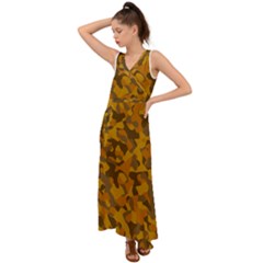 Brown And Orange Camouflage V-neck Chiffon Maxi Dress by SpinnyChairDesigns
