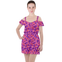 Pink And Purple Camouflage Ruffle Cut Out Chiffon Playsuit by SpinnyChairDesigns