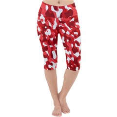 Red And White Camouflage Pattern Lightweight Velour Cropped Yoga Leggings by SpinnyChairDesigns