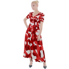 Red And White Camouflage Pattern Button Up Short Sleeve Maxi Dress by SpinnyChairDesigns