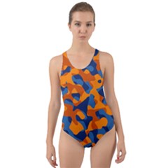 Blue And Orange Camouflage Pattern Cut-out Back One Piece Swimsuit by SpinnyChairDesigns