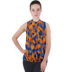 Blue And Orange Camouflage Pattern Mock Neck Chiffon Sleeveless Top by SpinnyChairDesigns