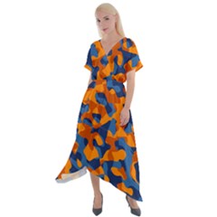 Blue And Orange Camouflage Pattern Cross Front Sharkbite Hem Maxi Dress by SpinnyChairDesigns