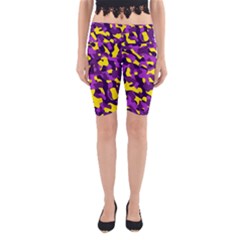 Purple And Yellow Camouflage Pattern Yoga Cropped Leggings by SpinnyChairDesigns