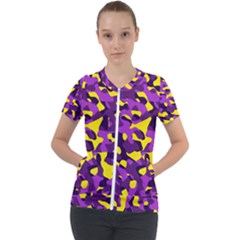 Purple And Yellow Camouflage Pattern Short Sleeve Zip Up Jacket by SpinnyChairDesigns