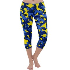 Blue And Yellow Camouflage Pattern Capri Yoga Leggings by SpinnyChairDesigns