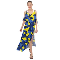 Blue And Yellow Camouflage Pattern Maxi Chiffon Cover Up Dress by SpinnyChairDesigns