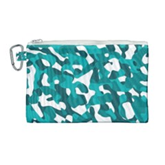 Teal And White Camouflage Pattern Canvas Cosmetic Bag (large) by SpinnyChairDesigns