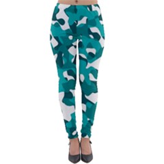Teal And White Camouflage Pattern Lightweight Velour Leggings by SpinnyChairDesigns