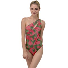 Pink And Green Camouflage Pattern To One Side Swimsuit by SpinnyChairDesigns