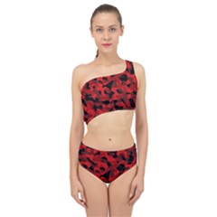 Red And Black Camouflage Pattern Spliced Up Two Piece Swimsuit by SpinnyChairDesigns