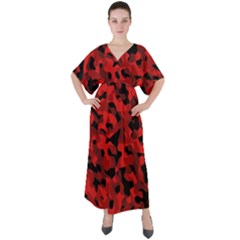 Red And Black Camouflage Pattern V-neck Boho Style Maxi Dress by SpinnyChairDesigns