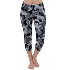 Grey And Black Camouflage Pattern Capri Winter Leggings  by SpinnyChairDesigns
