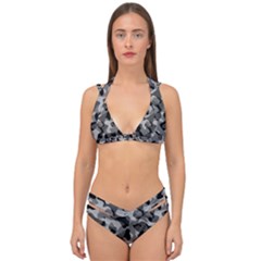 Grey And Black Camouflage Pattern Double Strap Halter Bikini Set by SpinnyChairDesigns
