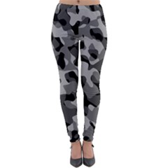 Grey And Black Camouflage Pattern Lightweight Velour Leggings by SpinnyChairDesigns