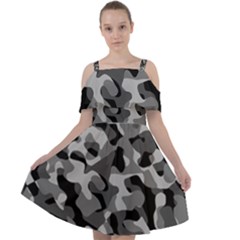 Grey And Black Camouflage Pattern Cut Out Shoulders Chiffon Dress by SpinnyChairDesigns