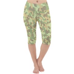 Light Green Brown Yellow Camouflage Pattern Lightweight Velour Cropped Yoga Leggings by SpinnyChairDesigns