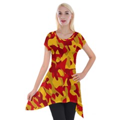 Red And Yellow Camouflage Pattern Short Sleeve Side Drop Tunic by SpinnyChairDesigns