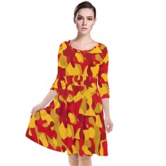 Red And Yellow Camouflage Pattern Quarter Sleeve Waist Band Dress by SpinnyChairDesigns