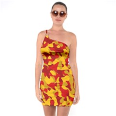 Red And Yellow Camouflage Pattern One Soulder Bodycon Dress by SpinnyChairDesigns