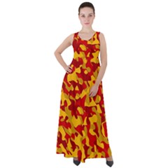 Red And Yellow Camouflage Pattern Empire Waist Velour Maxi Dress by SpinnyChairDesigns