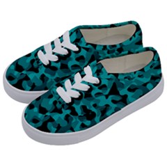 Black And Teal Camouflage Pattern Kids  Classic Low Top Sneakers by SpinnyChairDesigns