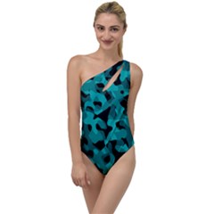 Black And Teal Camouflage Pattern To One Side Swimsuit by SpinnyChairDesigns