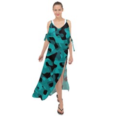 Black And Teal Camouflage Pattern Maxi Chiffon Cover Up Dress by SpinnyChairDesigns