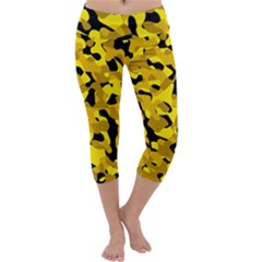 Black And Yellow Camouflage Pattern Capri Yoga Leggings by SpinnyChairDesigns