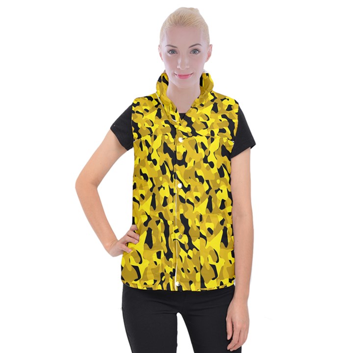 Black and Yellow Camouflage Pattern Women s Button Up Vest