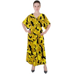Black And Yellow Camouflage Pattern V-neck Boho Style Maxi Dress by SpinnyChairDesigns