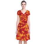 Red and Orange Camouflage Pattern Short Sleeve Front Wrap Dress